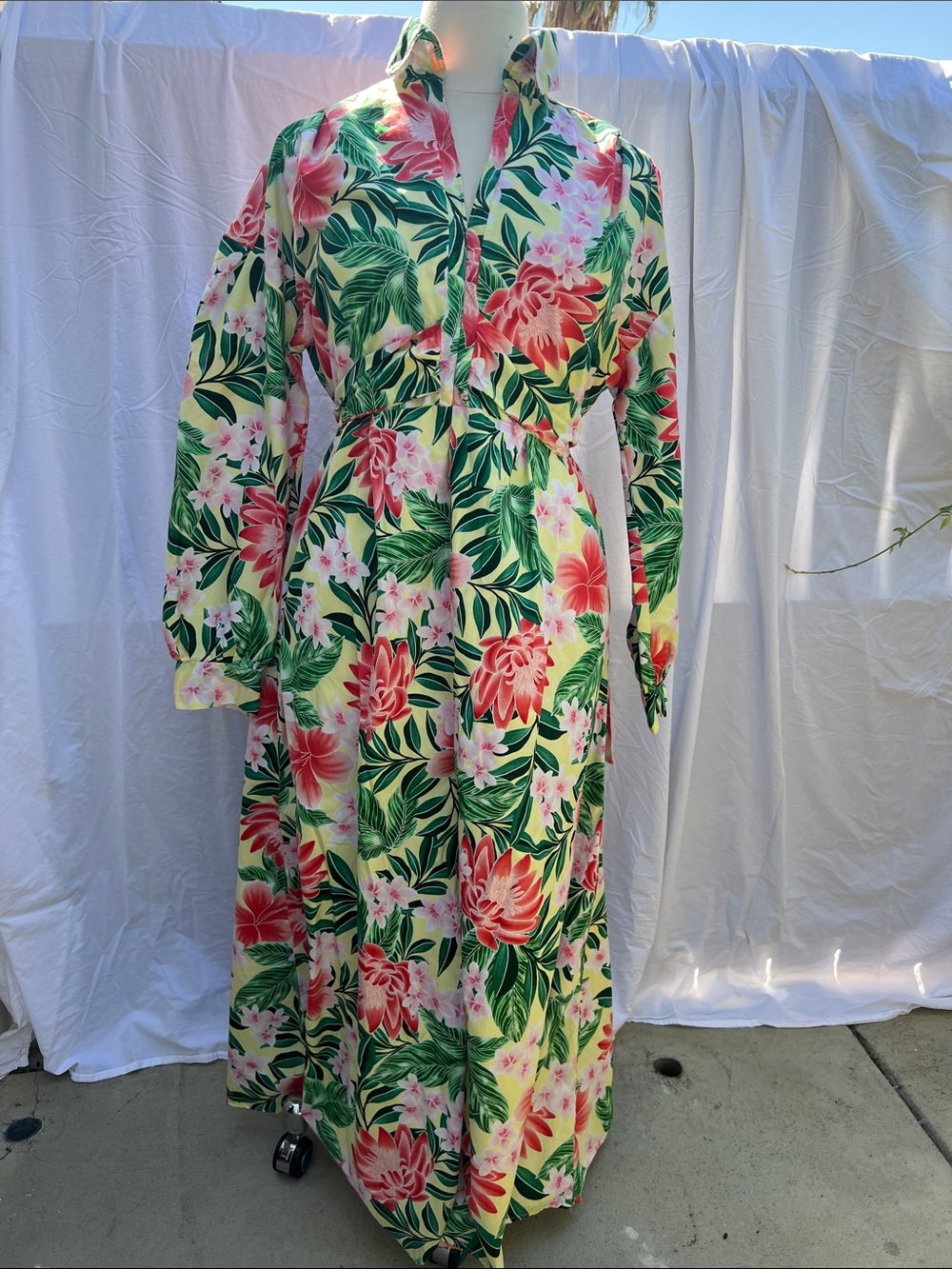 Custom made Floral Tropical Maxi Dress in Green and Pink